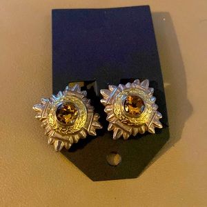 Esti Frederica SS & 18k gold citrine clip earrings w step down cross design.
